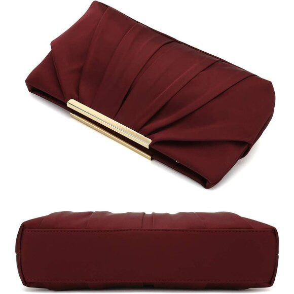 ⚡ Women's Elegant Evening Pleated Satin Simple Classy Dark Red Clutch Bag - Picture 6 of 7